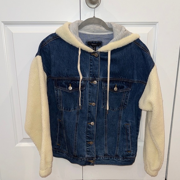 Forever 21 Jackets & Blazers - Denim and Sherpa Jacket with Hood